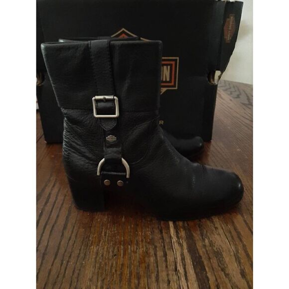 Size 6 Harley Davidson Black Leather Sadie Casual Cuff Boots Booties Chunky Heel - Picture 2 of 12